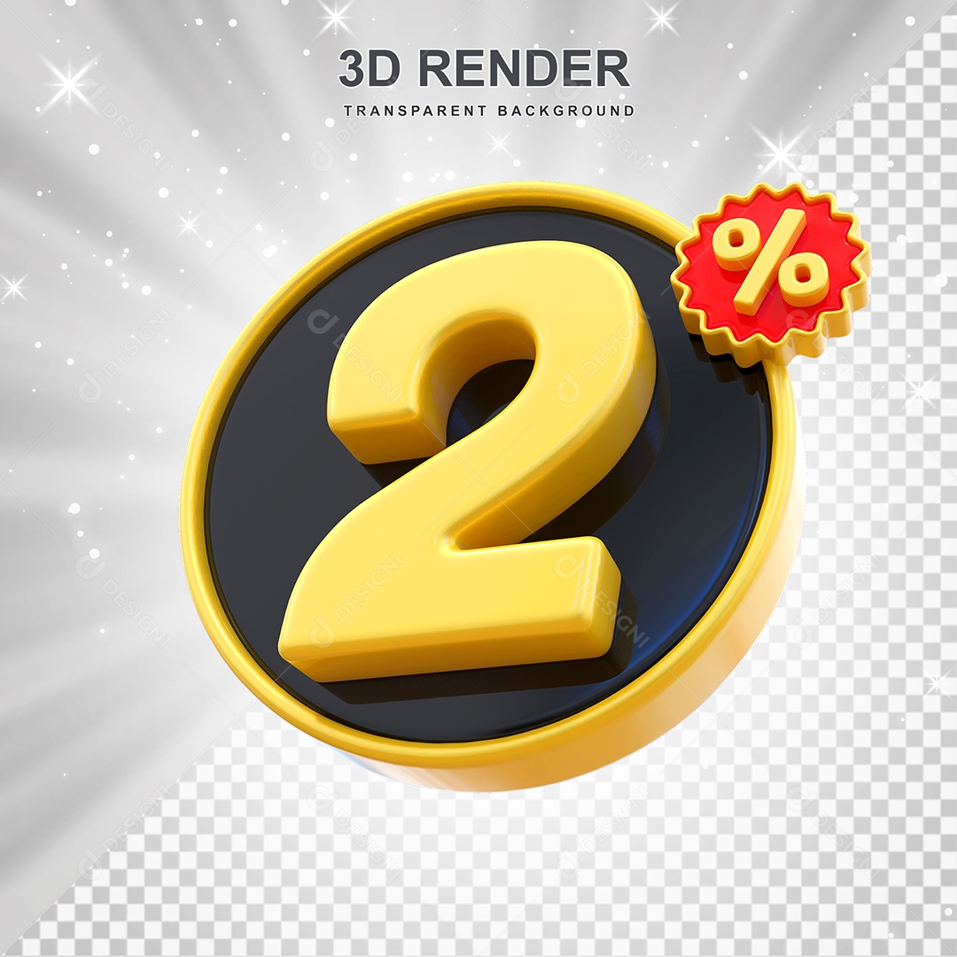 Número de Desconto 2% Elemento 3D Amarelo E Preto para Composição PSD