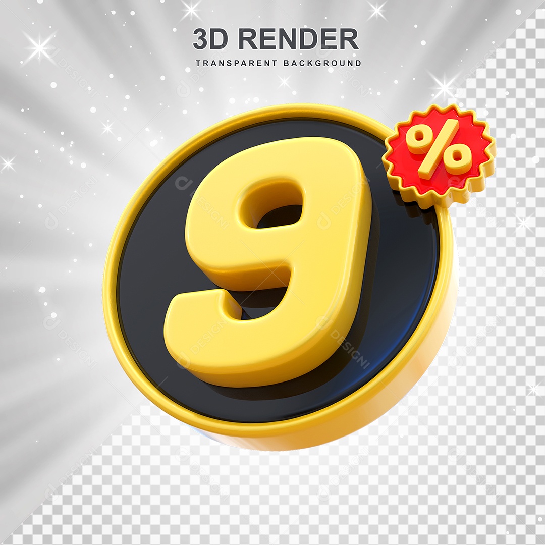 Número de Desconto 9% Elemento 3D Amarelo E Preto para Composição PSD