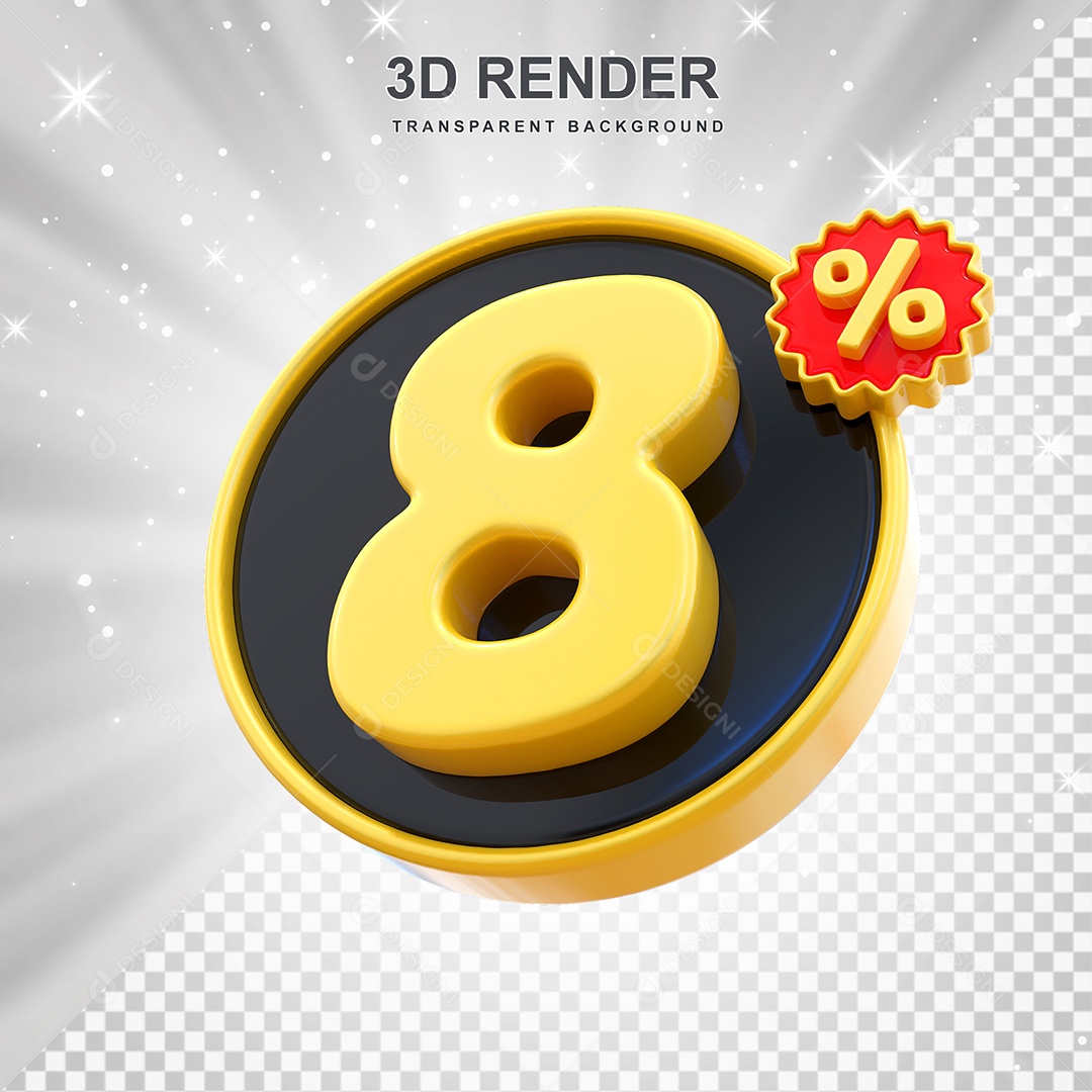 Número de Desconto 8% Elemento 3D Amarelo E Preto para Composição PSD