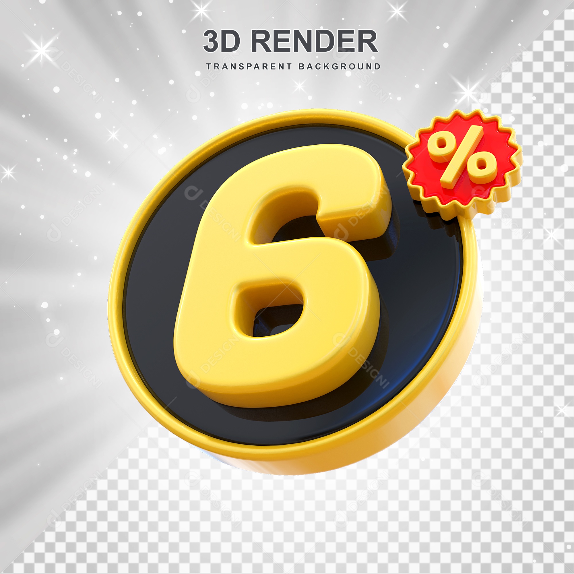 Número de Desconto 6% Elemento 3D Amarelo E Preto para Composição PSD