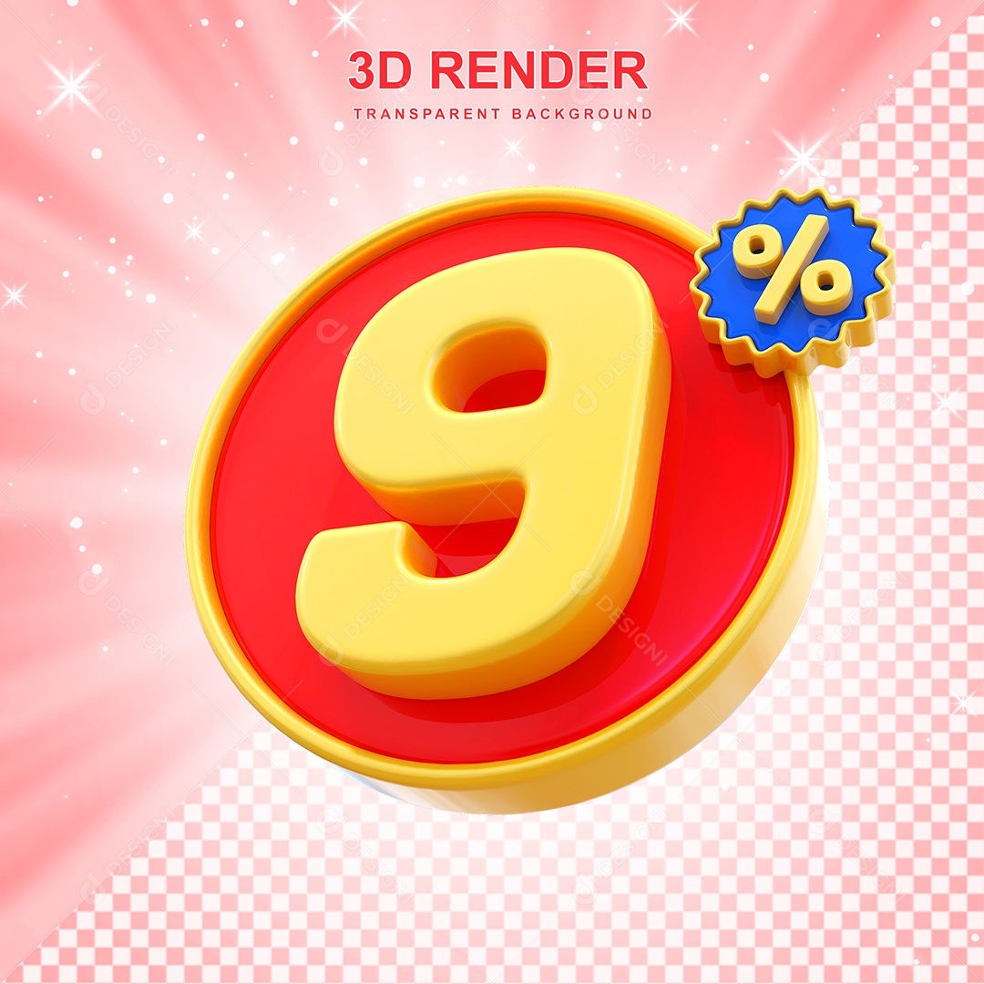 Número de Desconto 9% Elemento 3D Amarelo E Vermelho para Composição PSD