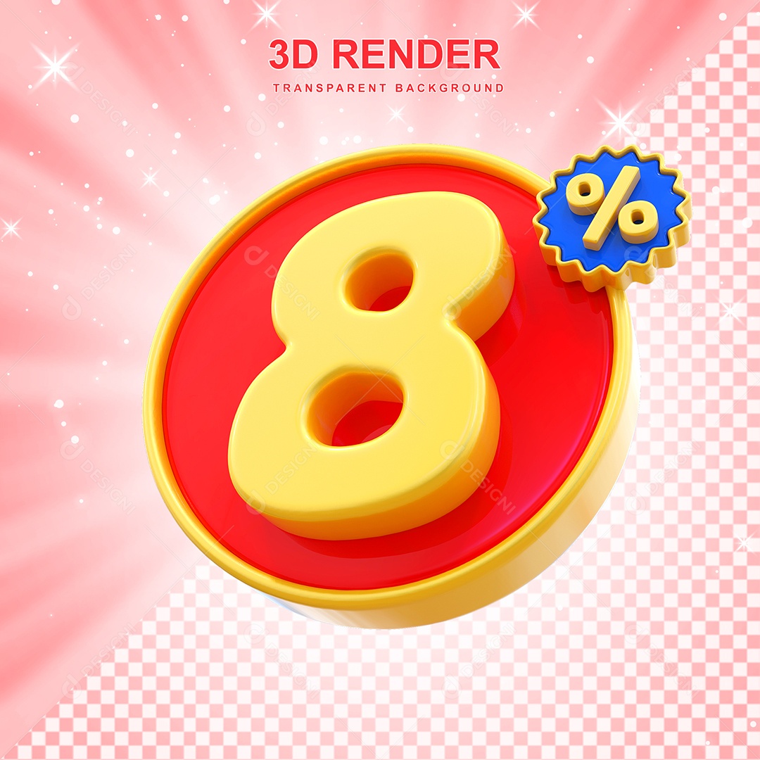 Número de Desconto 8% Elemento 3D Amarelo E Vermelho para Composição PSD