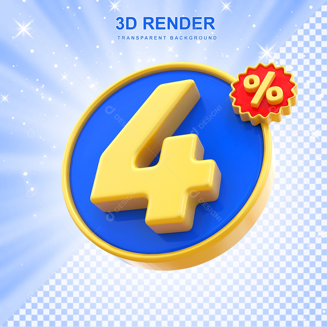 Número de Desconto 4% Elemento 3D Amarelo E Azul para Composição PSD