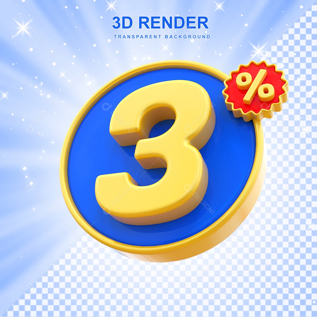Número de Desconto 3% Elemento 3D Amarelo E Azul para Composição PSD