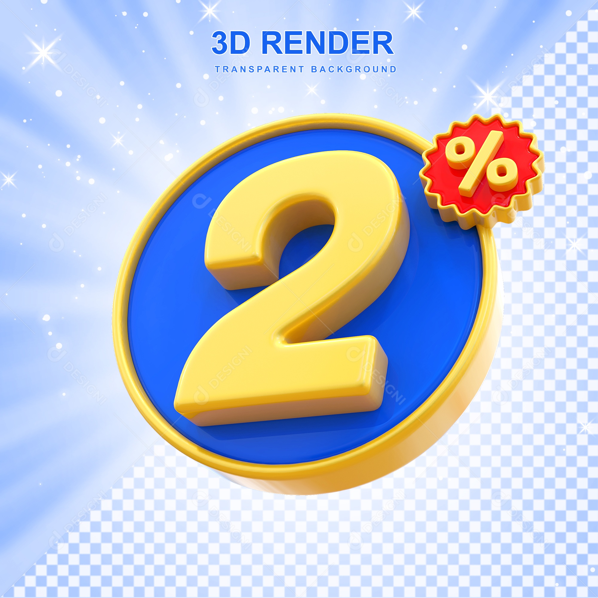 Número de Desconto 2% Elemento 3D Amarelo E Azul para Composição PSD