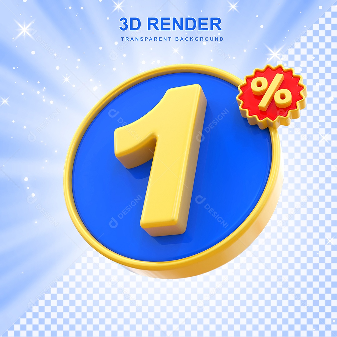 Número de Desconto 1% Elemento 3D Amarelo E Azul para Composição PSD