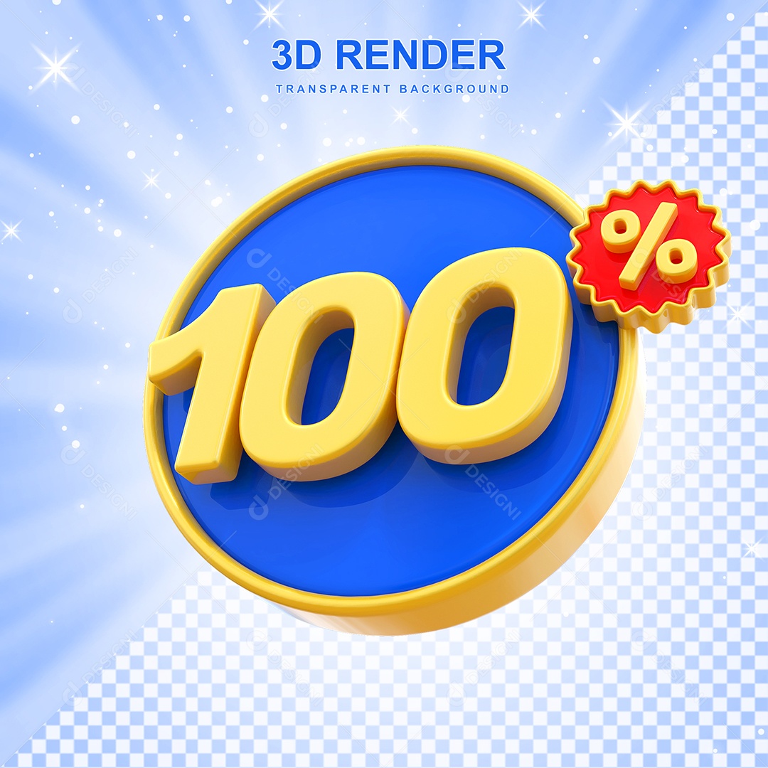 Número de Desconto 100% Elemento 3D Amarelo E Azul para Composição PSD