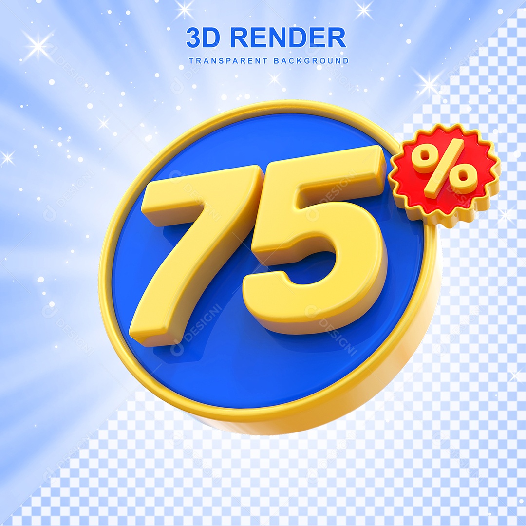 Número de Desconto 75% Elemento 3D Amarelo E Azul para Composição PSD