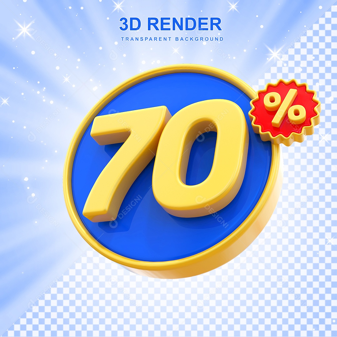 Número de Desconto 70% Elemento 3D Amarelo E Azul para Composição PSD