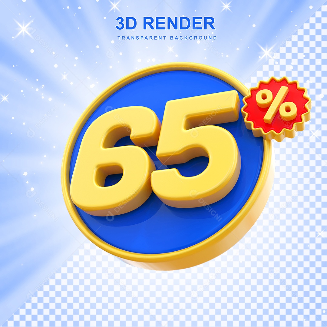 Número de Desconto 65% Elemento 3D Amarelo E Azul para Composição PSD