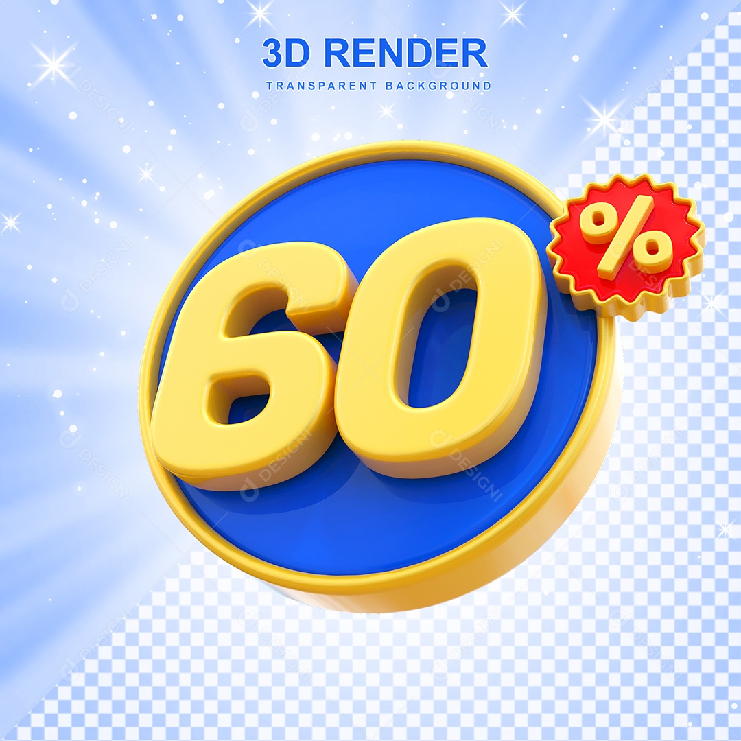 Número de Desconto 60% Elemento 3D Amarelo E Azul para Composição PSD
