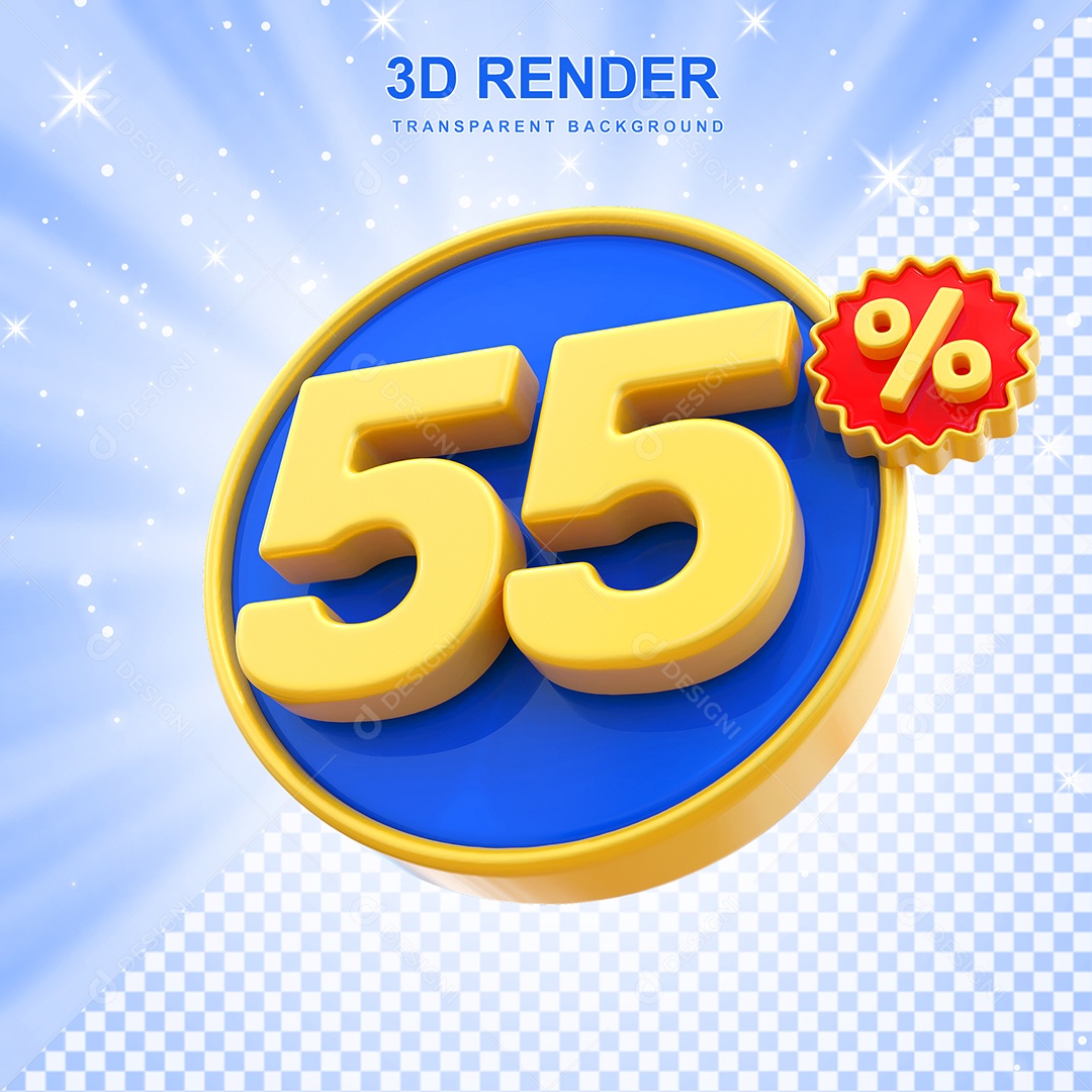 Número de Desconto 55% Elemento 3D Amarelo E Azul para Composição PSD