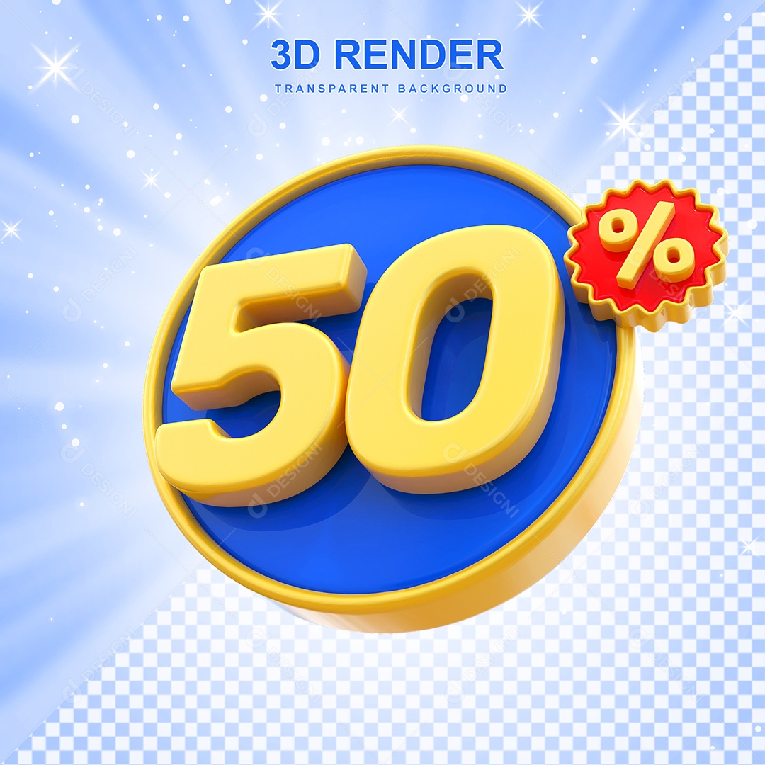 Número de Desconto 50% Elemento 3D Amarelo E Azul para Composição PSD