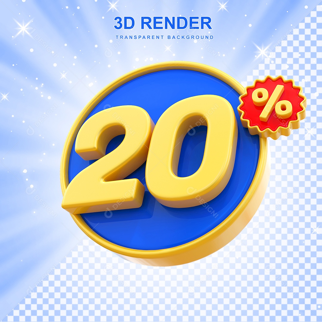 Número de Desconto 20% Elemento 3D Amarelo E Azul para Composição PSD