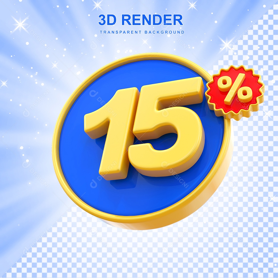 Número de Desconto 15% Elemento 3D Amarelo E Azul para Composição PSD