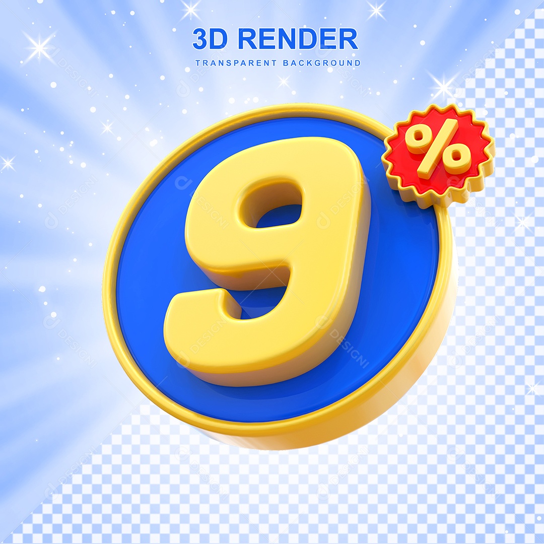 Número de Desconto 9% Elemento 3D Amarelo E Azul para Composição PSD