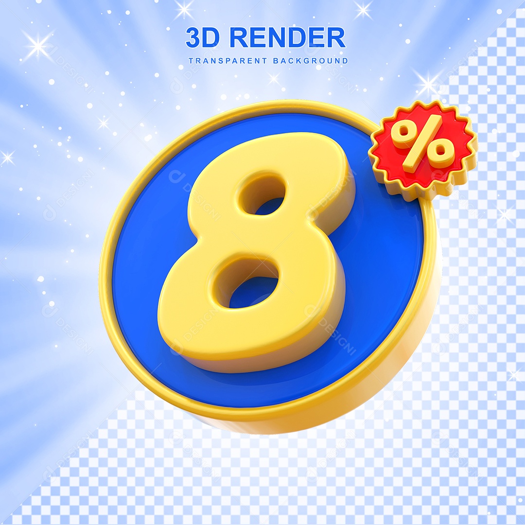 Número de Desconto 8% Elemento 3D Amarelo E Azul para Composição PSD