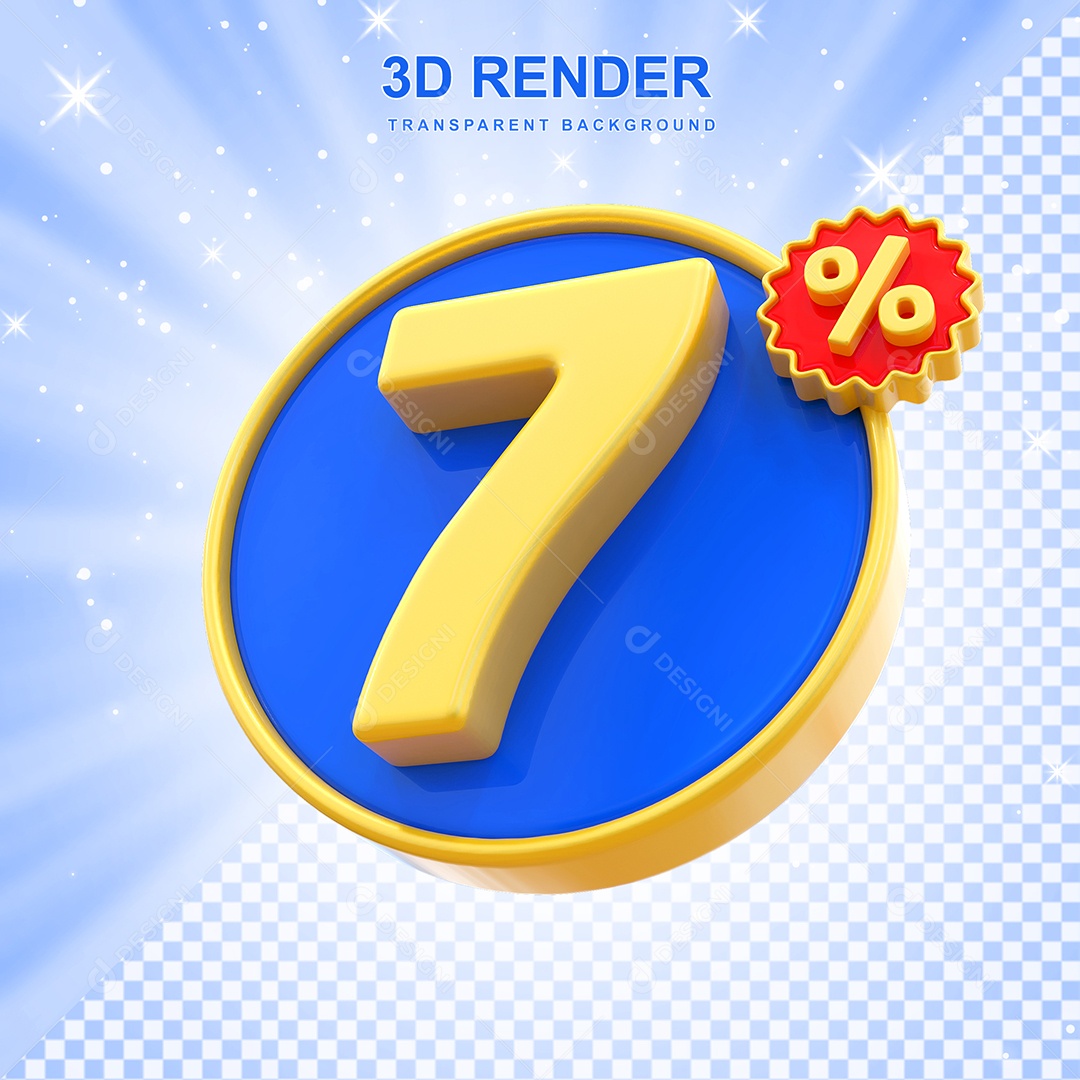 Número de Desconto 7% Elemento 3D Amarelo E Azul para Composição PSD