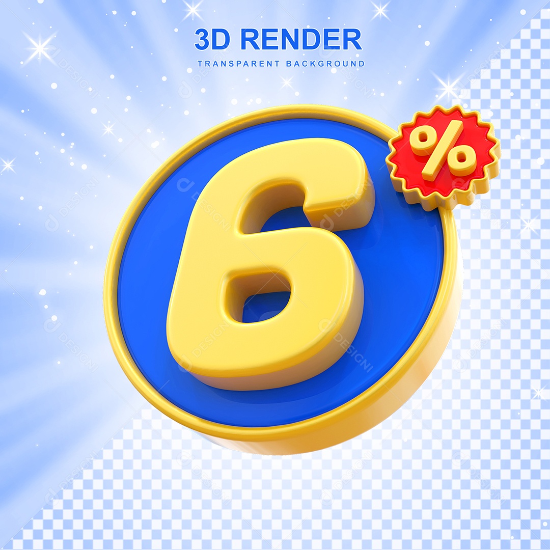 Número de Desconto 6% Elemento 3D Amarelo E Azul para Composição PSD