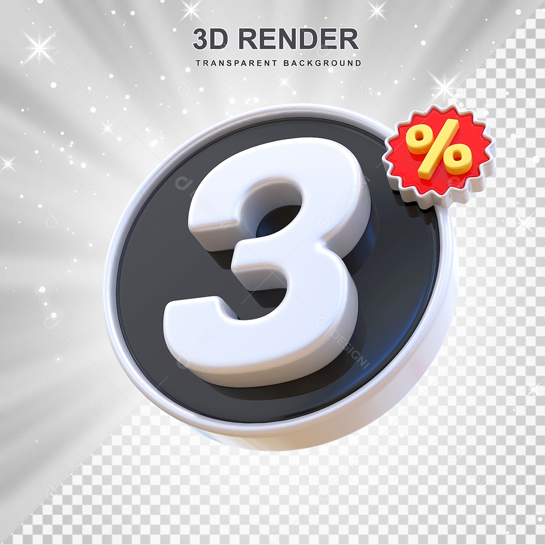 Número de Desconto 3% Elemento 3D Preto E Branco para Composição PSD