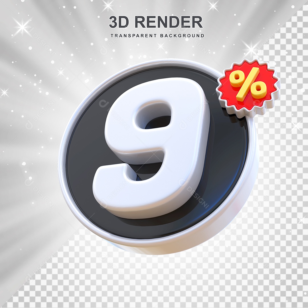 Número de Desconto 9% Elemento 3D Preto E Branco para Composição PSD
