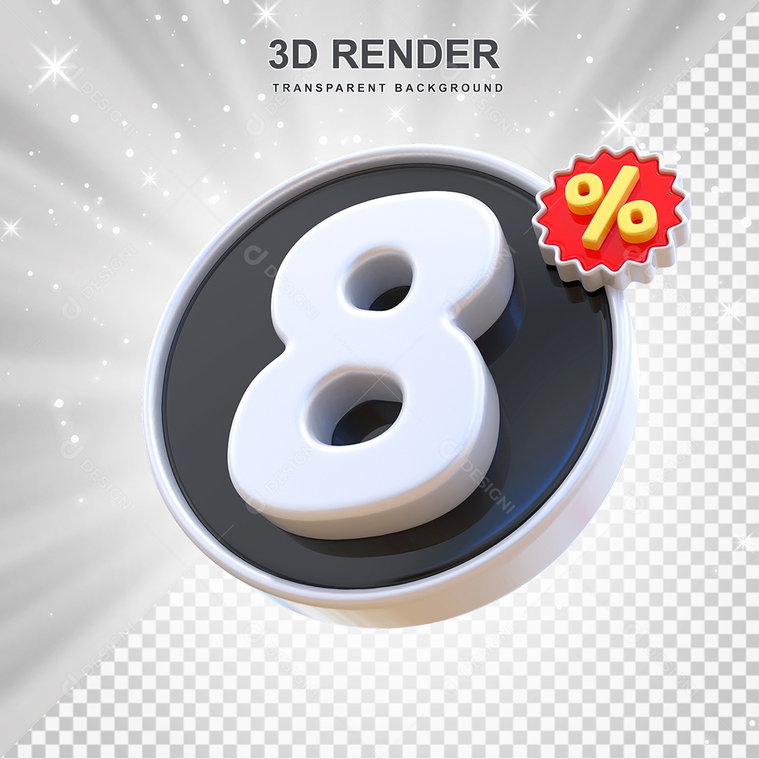 Número de Desconto 8% Elemento 3D Preto E Branco para Composição PSD