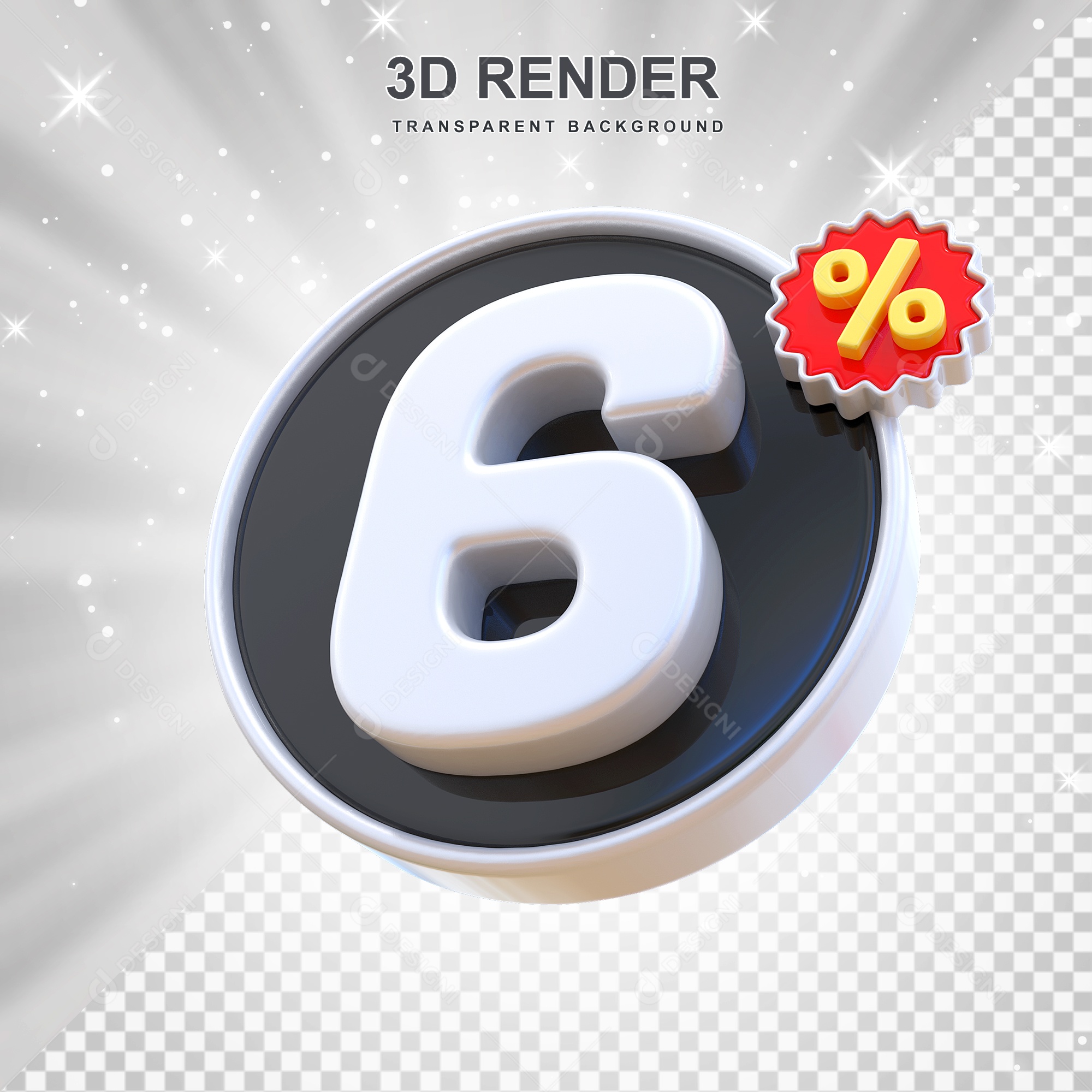 Número de Desconto 6% Elemento 3D Preto E Branco para Composição PSD