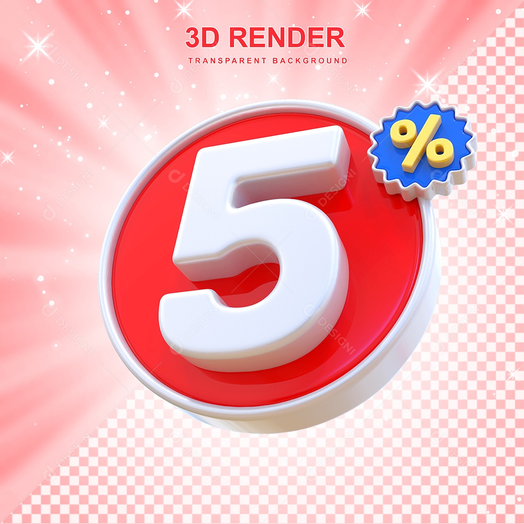 Número de Desconto 5% Elemento 3D Vermelho E Branco para Composição PSD