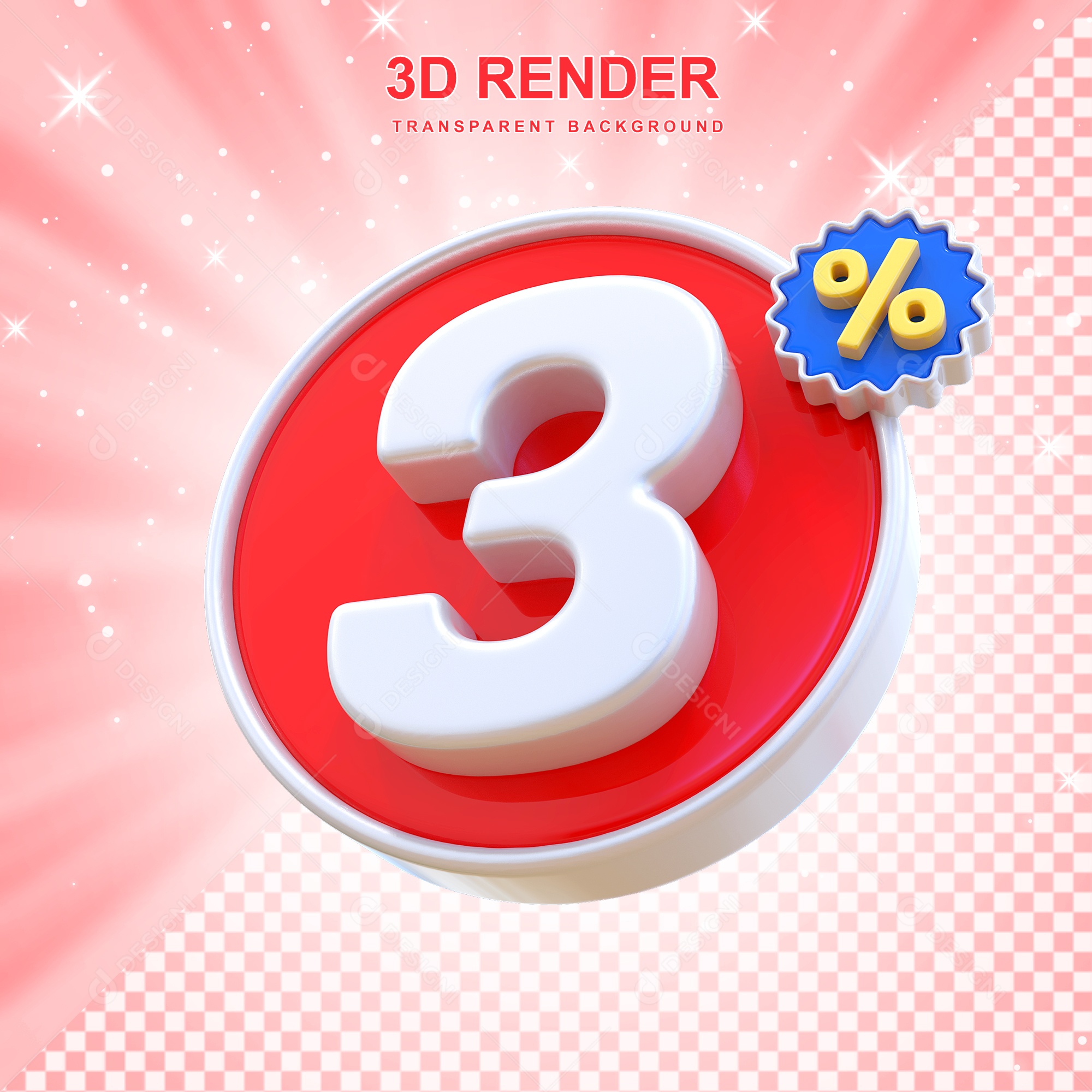 Número de Desconto 3% Elemento 3D Vermelho E Branco para Composição PSD