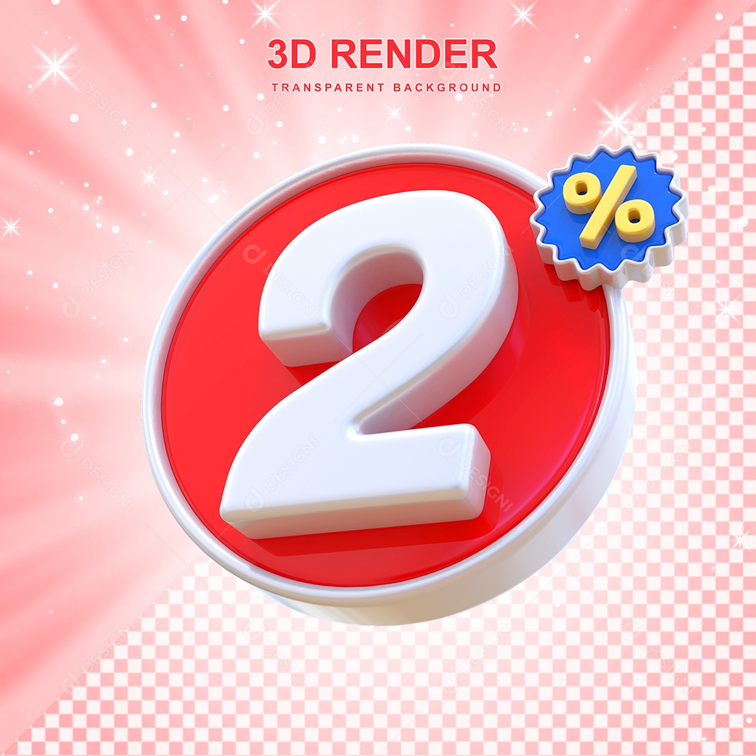 Número de Desconto 2% Elemento 3D Vermelho E Branco para Composição PSD