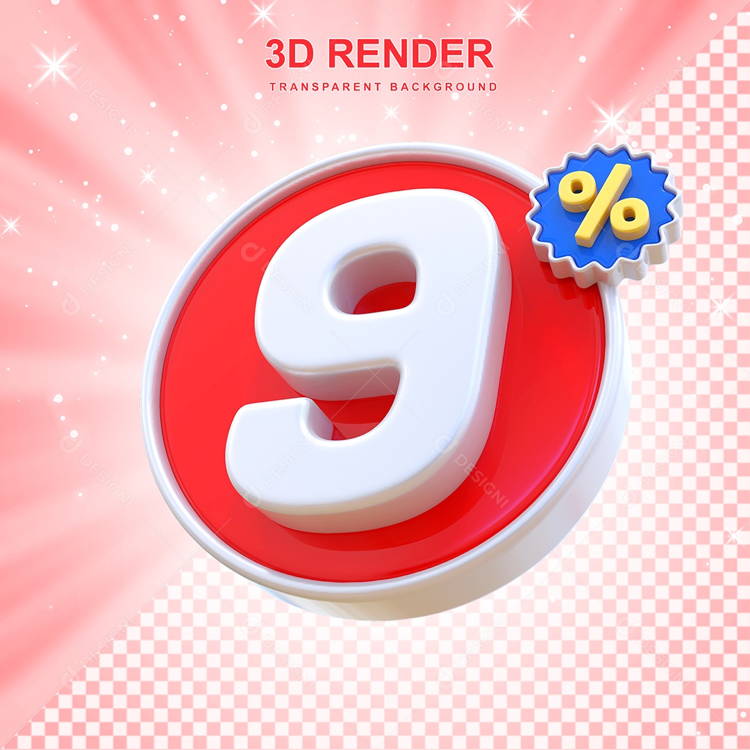 Número de Desconto 9% Elemento 3D Vermelho E Branco para Composição PSD