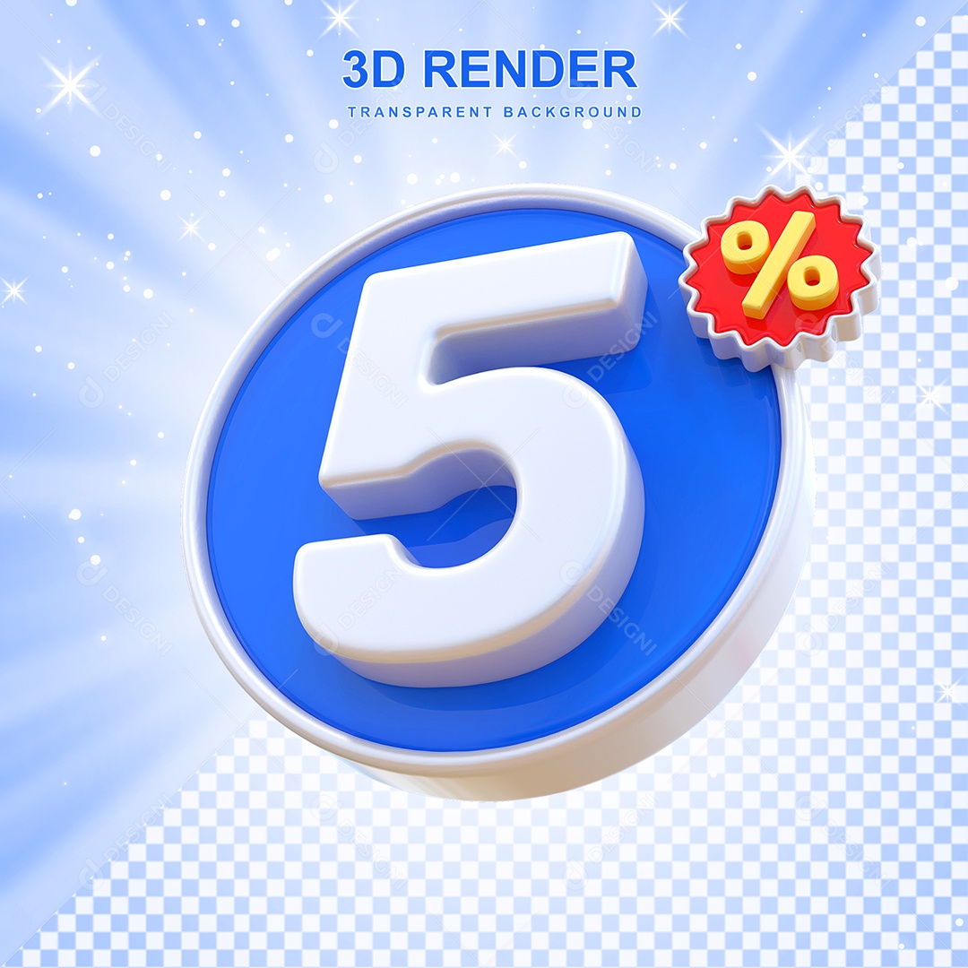 Número de Desconto 5% Elemento 3D Azul E Branco para Composição PSD