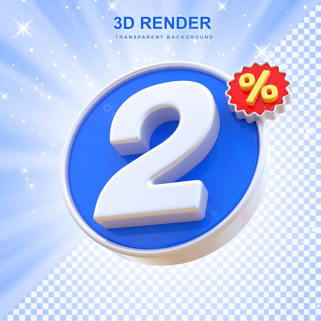 Número de Desconto 2% Elemento 3D Azul E Branco para Composição PSD