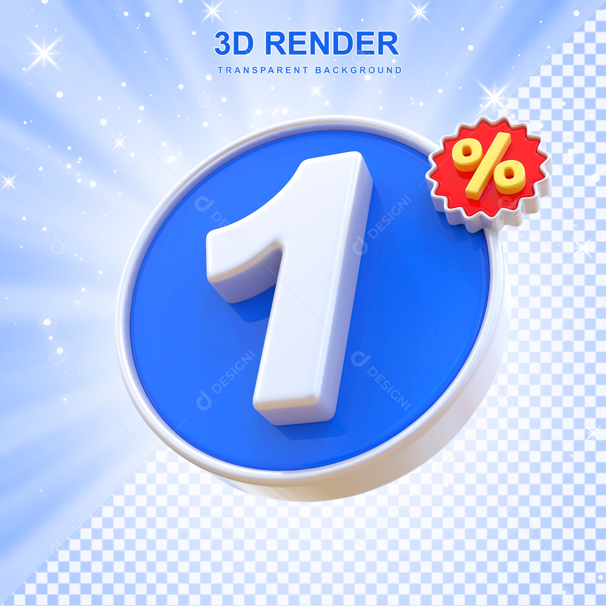 Número de Desconto 1% Elemento 3D Azul E Branco para Composição PSD