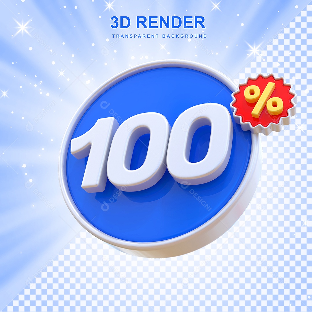 Número de Desconto 100% Elemento 3D Azul E Branco para Composição PSD