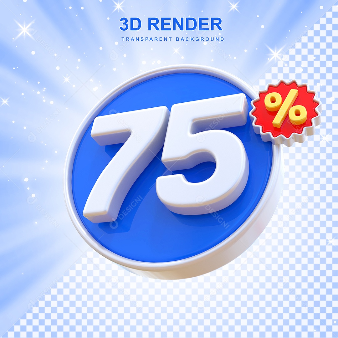 Número de Desconto 75% Elemento 3D Azul E Branco para Composição PSD