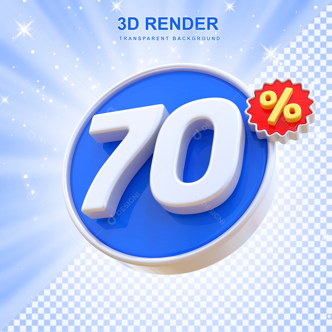 Número de Desconto 70% Elemento 3D Azul E Branco para Composição PSD