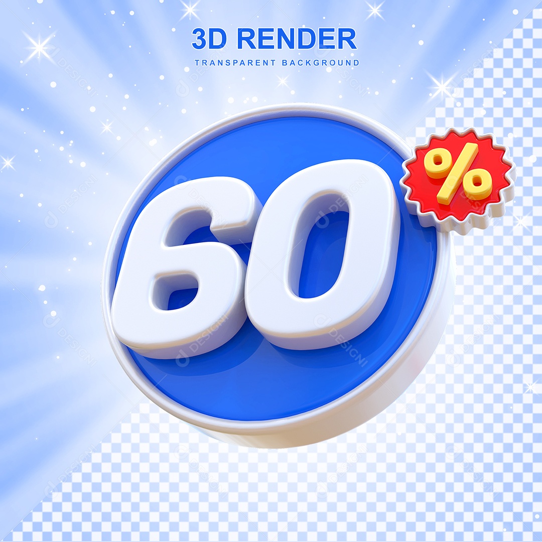 Número de Desconto 60% Elemento 3D Azul E Branco para Composição PSD
