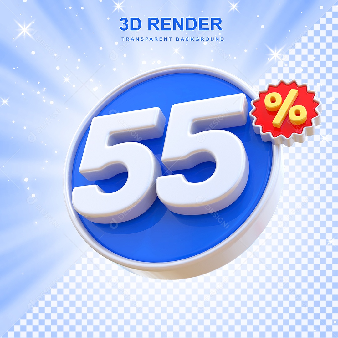 Número de Desconto 55% Elemento 3D Azul E Branco para Composição PSD