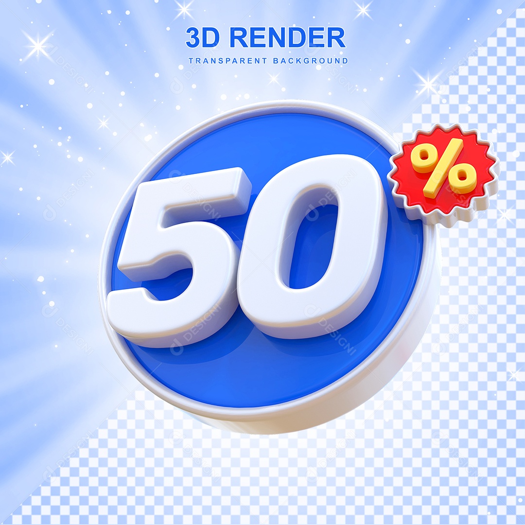 Número de Desconto 50% Elemento 3D Azul E Branco para Composição PSD