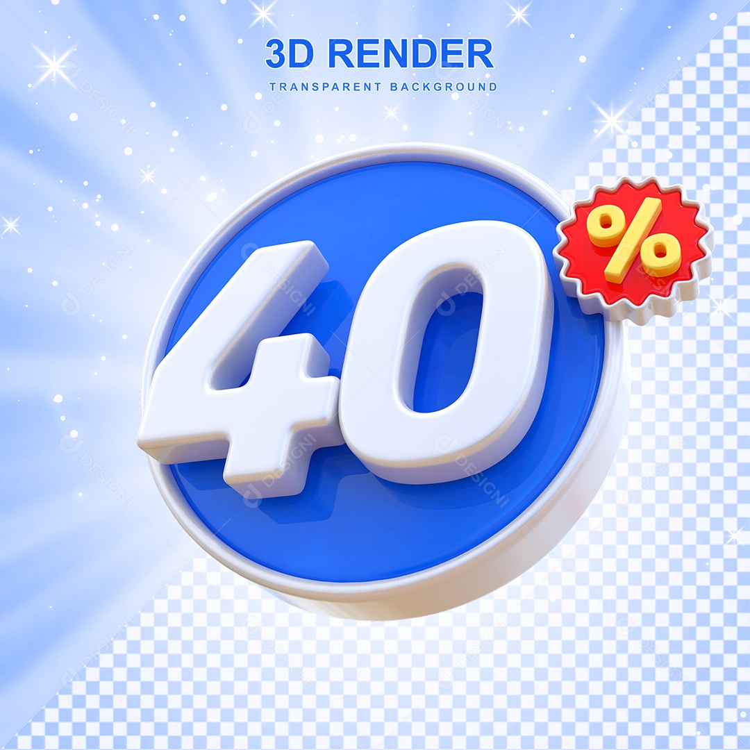 Número de Desconto 40% Elemento 3D Azul E Branco para Composição PSD