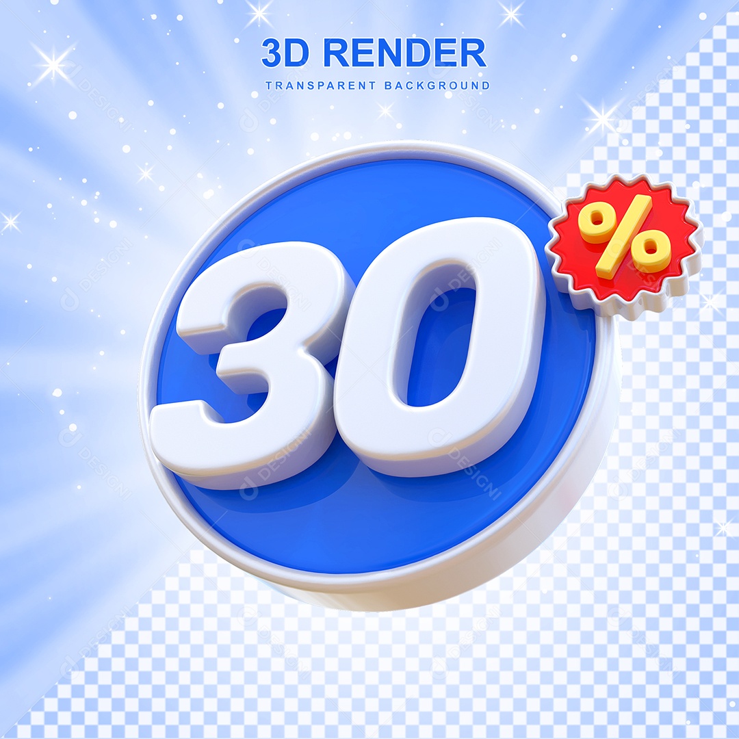 Número de Desconto 30% Elemento 3D Azul E Branco para Composição PSD