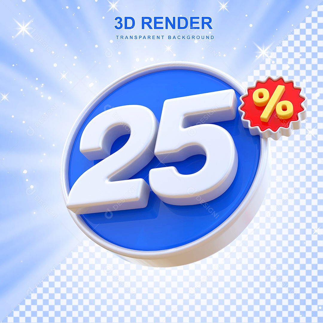 Número de Desconto 25% Elemento 3D Azul E Branco para Composição PSD