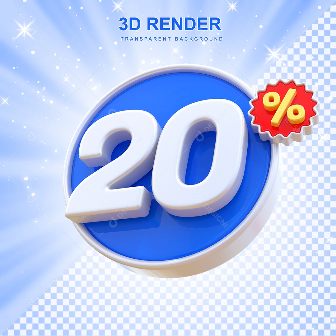 Número de Desconto 20% Elemento 3D Azul E Branco para Composição PSD