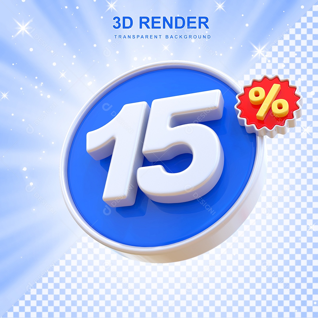 Número de Desconto 15% Elemento 3D Azul E Branco para Composição PSD