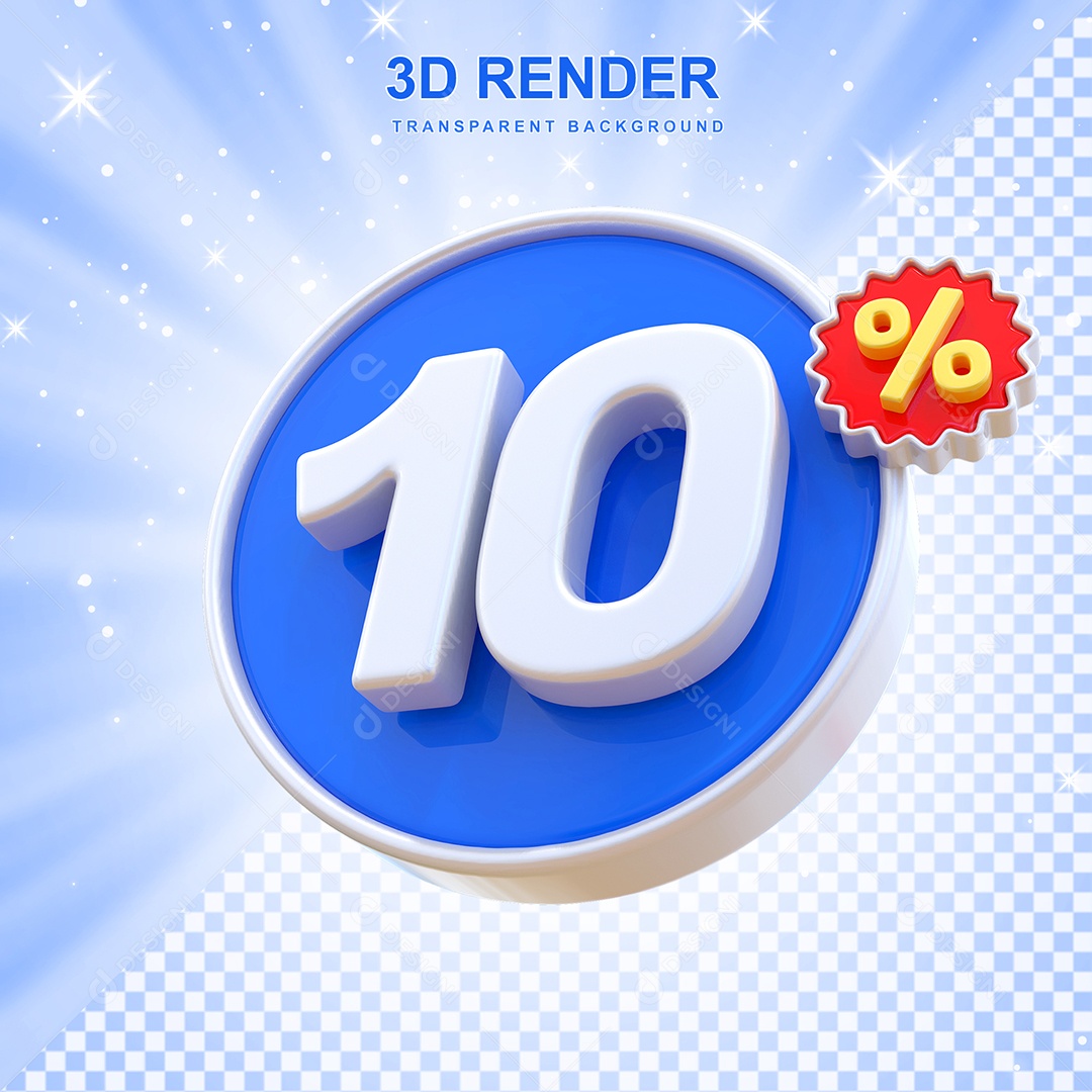 Número de Desconto 10% Elemento 3D Azul E Branco para Composição PSD