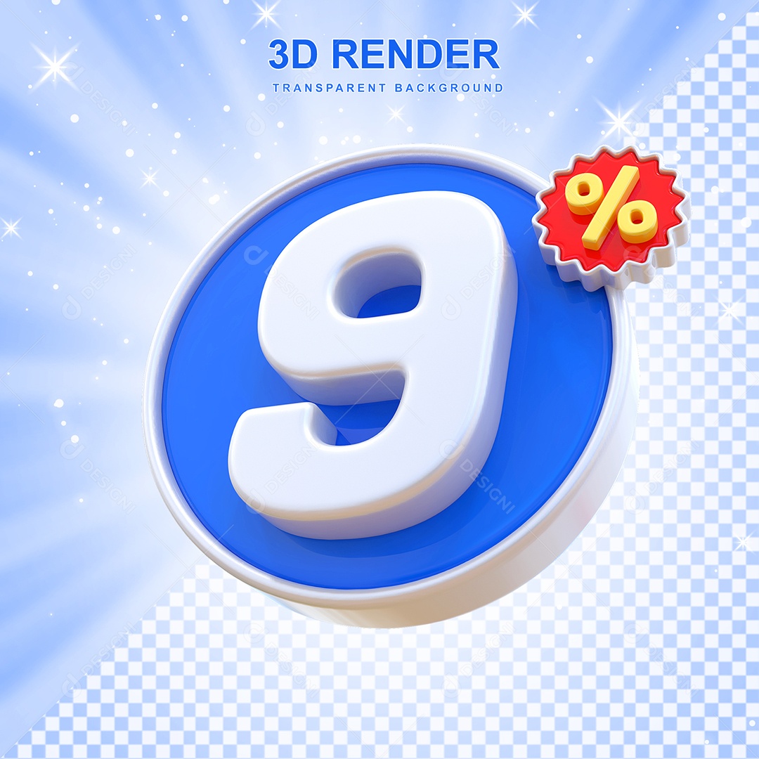 Número de Desconto 9% Elemento 3D Azul E Branco para Composição PSD