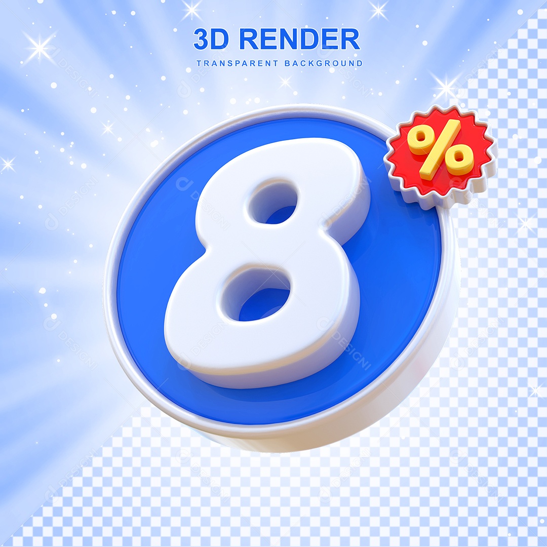 Número de Desconto 8% Elemento 3D Azul E Branco para Composição PSD