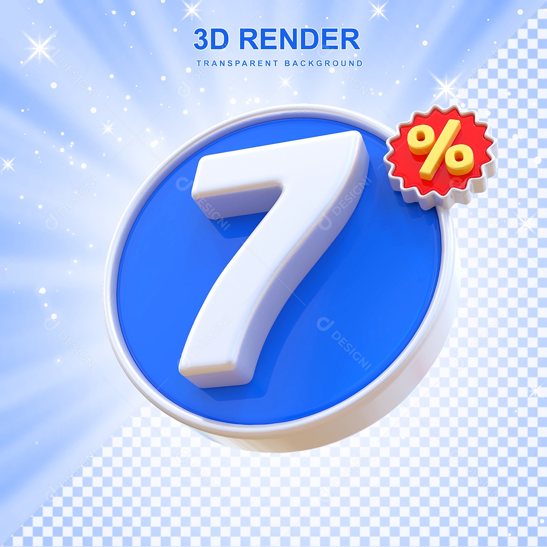 Número de Desconto 7% Elemento 3D Azul E Branco para Composição PSD