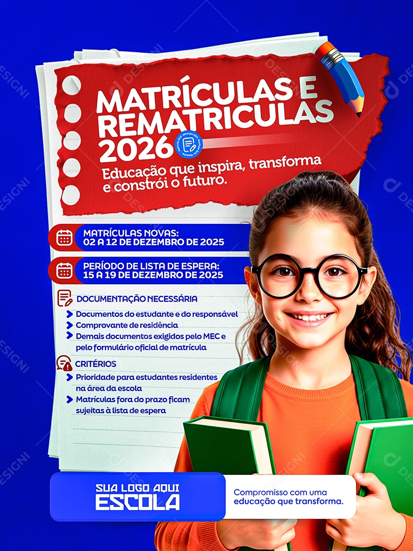 Matriculas Escolares Abertas Social Media PSD Editável